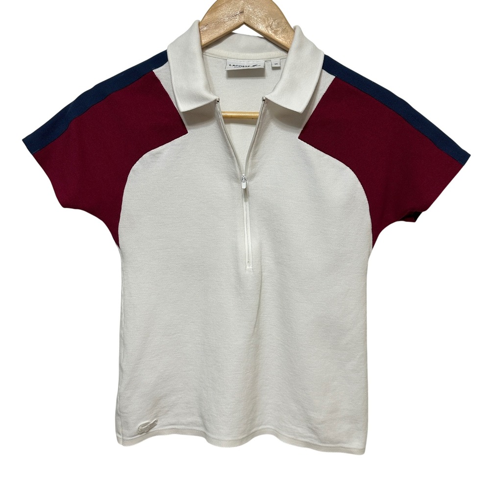 Lacoste Polo Shirt Womens 34 (2) White Quarter Zip Colorblock France‎ Tenniscore